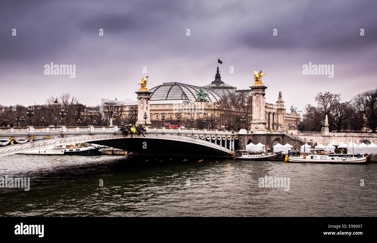 Die Alexander III-Brücke überspannt die Seineufer mit den Grand Palais im Hintergrund-Paris Frankreich Stockfoto