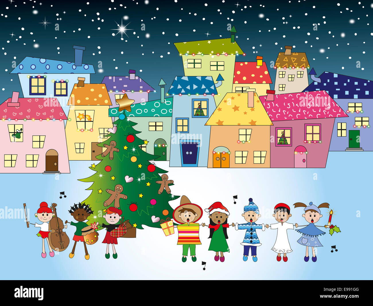 Abbildung von Weihnachten Hintergrund mit lustigen Land und Kinder Stockfoto