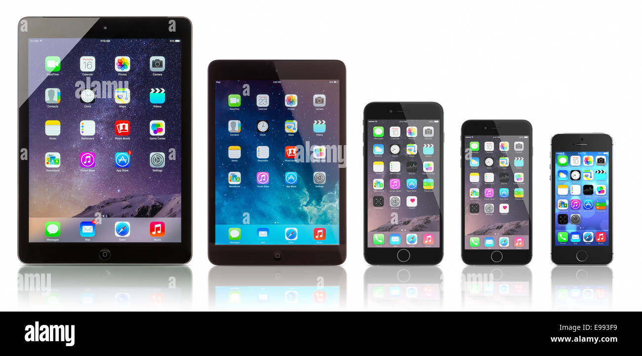 Space Grau Apple iPad Air, iPad Mini, iPhone 6 Plus, iPhone 6 und iPhone 5 s auf weißem Hintergrund Stockfoto