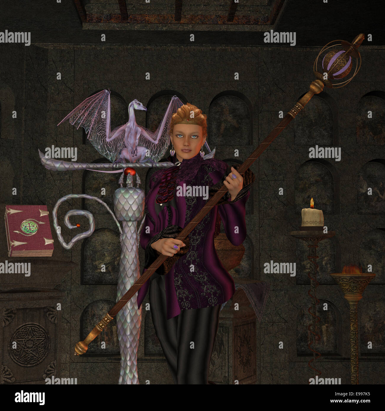 Ein Miniatur-Drache hält Unternehmen mit einer Hexe und ihrem Zauberbuch. Stockfoto