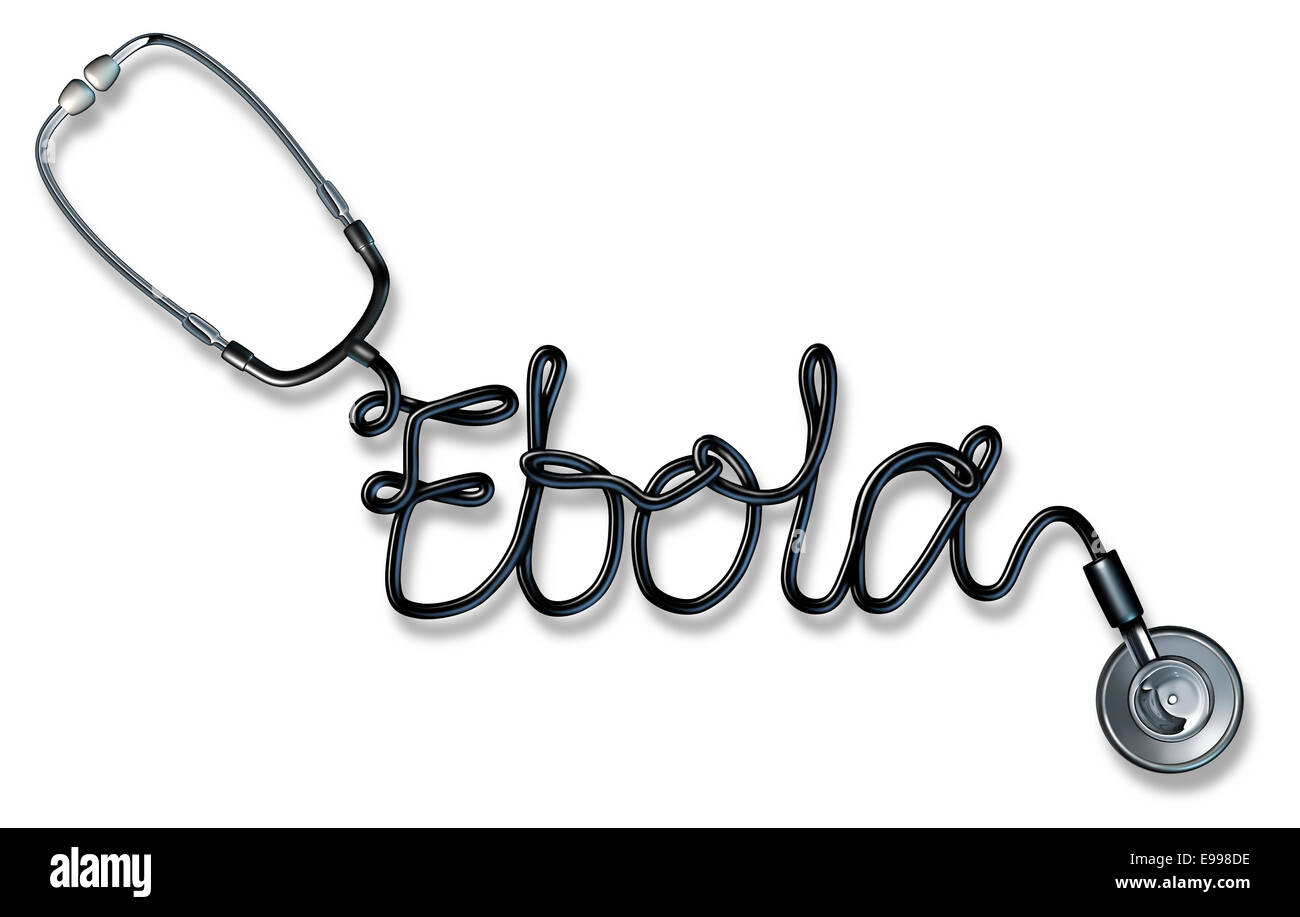 Ebola-Diagnose Gesundheitswesen Konzept als ein Arzt Stethoskop geformt als geschriebener Text für die gefährlichen Virus und die Symptome der Krankheit Stockfoto
