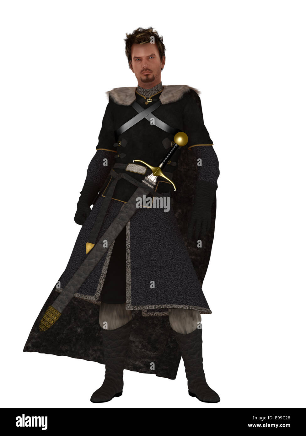 Fantasie bärtiger Krieger in langes Fell gefütterte Mantel und schwarzem Leder mit langen Schwert in der Scheide Stockfoto