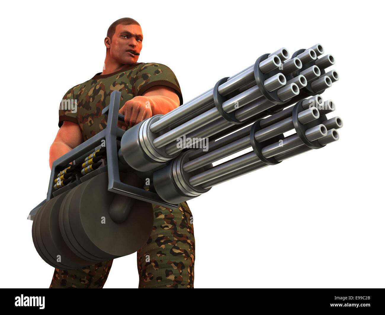 Digital Render Zigarre rauchen Fantasie Soldaten mit riesigen Gatling-Kanone Stil Waffe Stockfoto