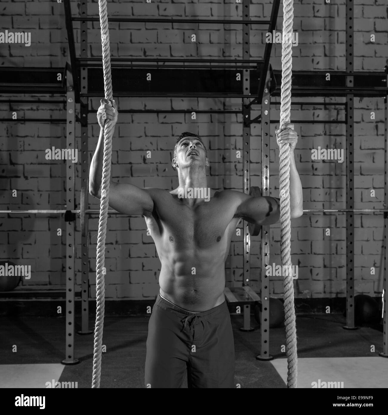 Klettern Sie mit zwei 2 Seile Übung Mann Workout im Fitness-Studio Stockfoto