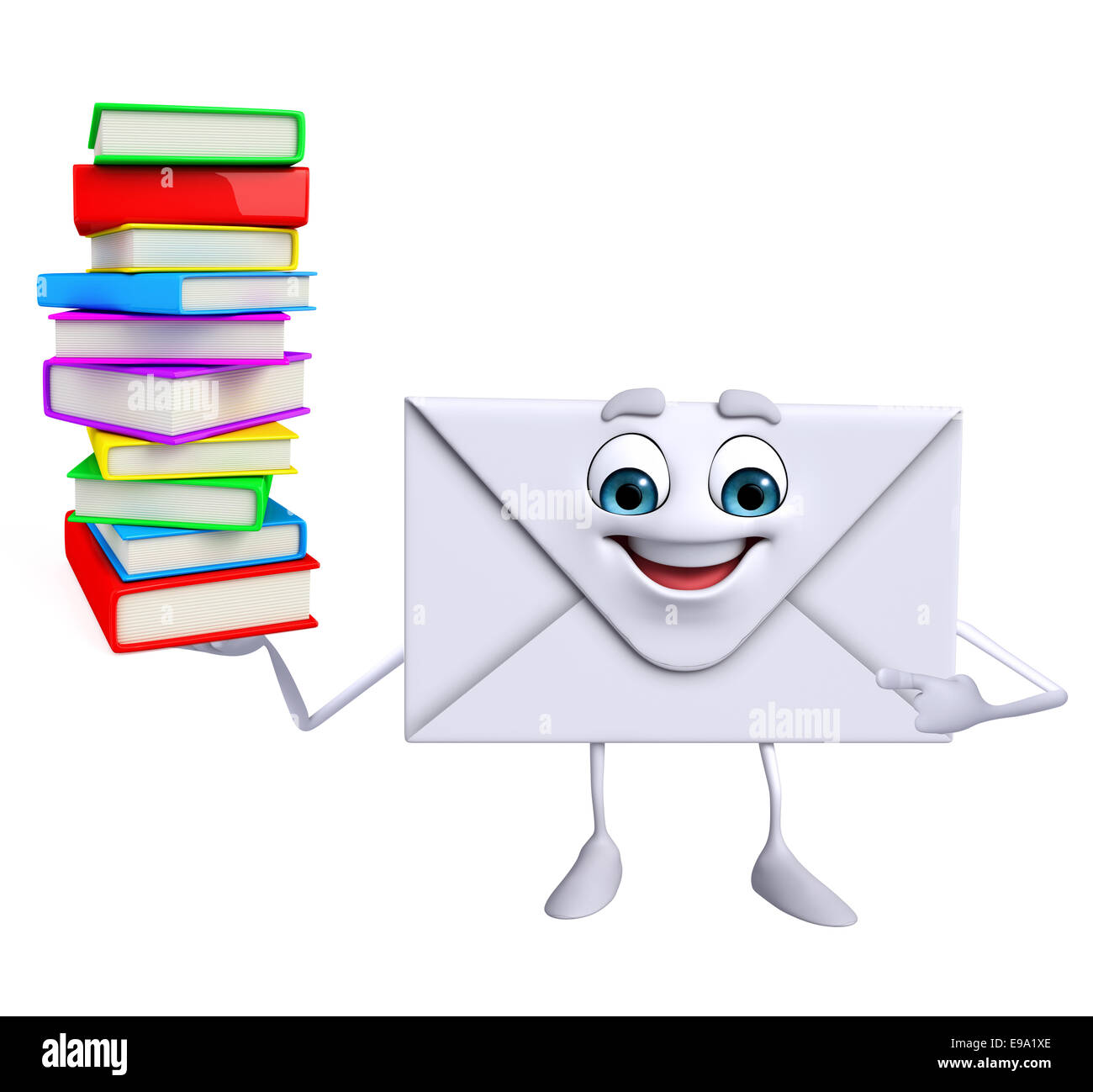 Cartoon-Figur von Mail mit Bücher-Stapel Stockfoto