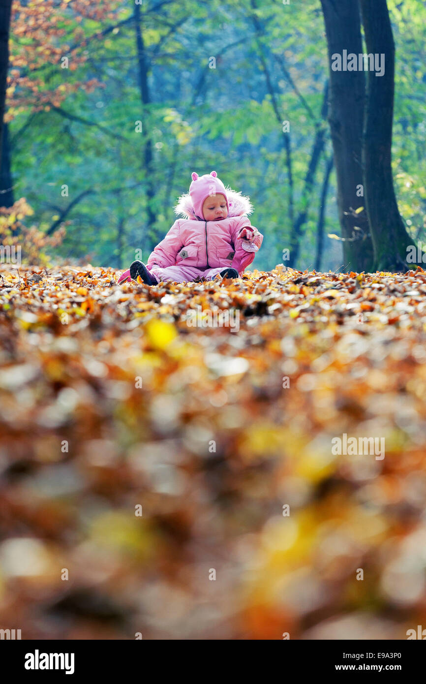 Lustige Baby spielt mit Blättern im Park - im freien Stockfoto