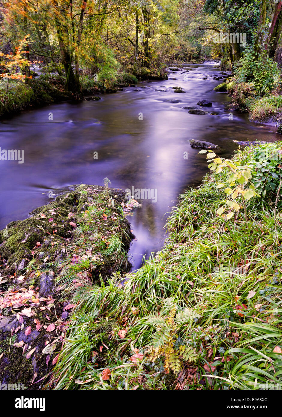 Eine lange Exposition verwischt die Stream von Skelwith Bridge im Lake District, Cumbria, Großbritannien Stockfoto