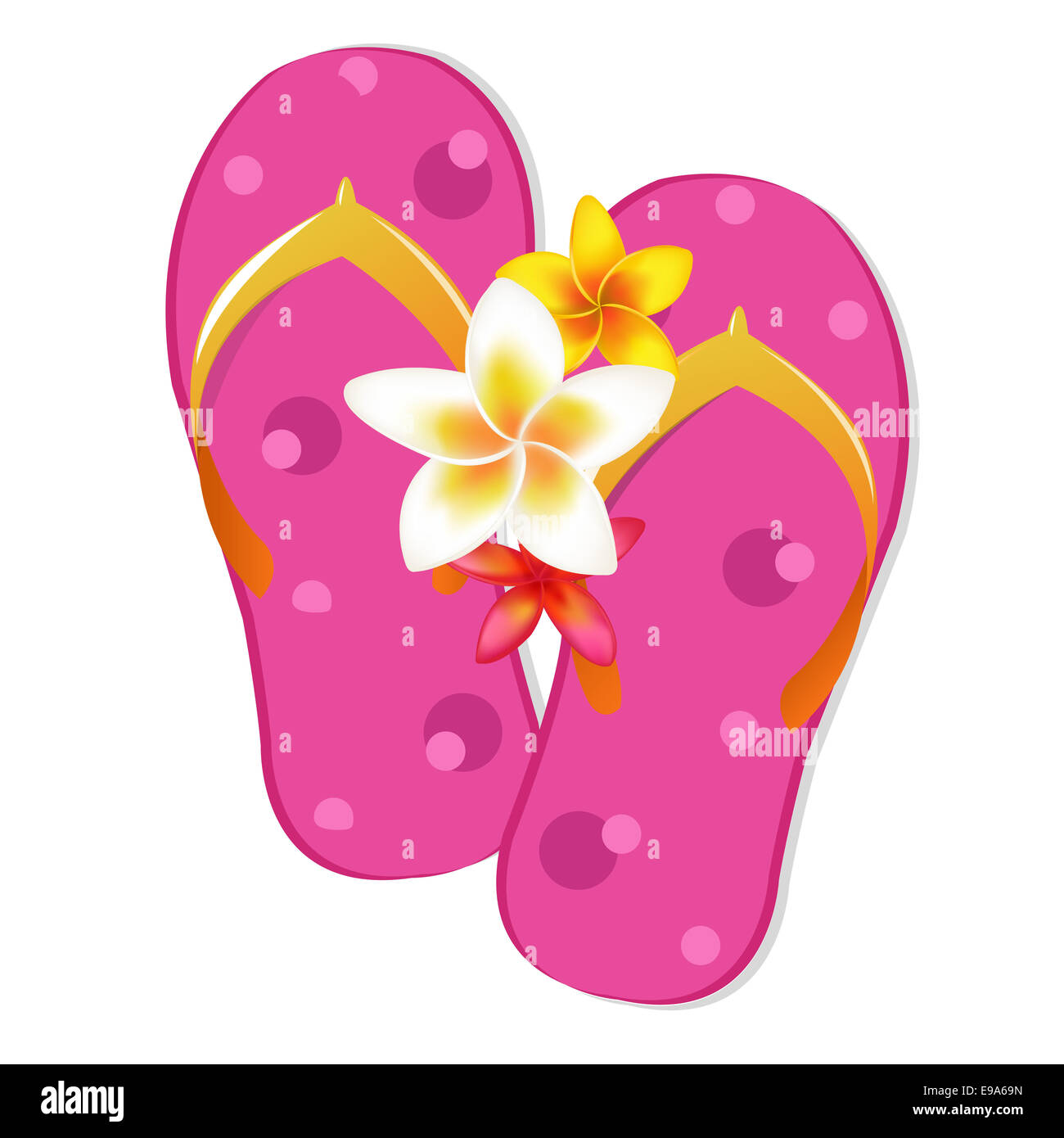 Flip Flop Sandalen mit Plumeria Blüten Stockfoto