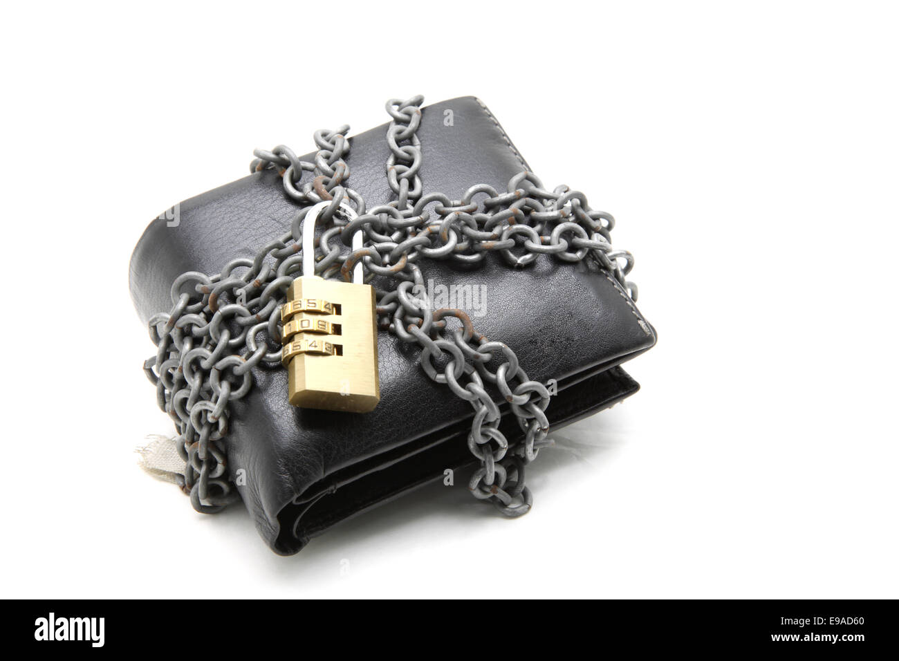 schwarze Leder-Portemonnaie mit Vorhängeschloss Stockfoto