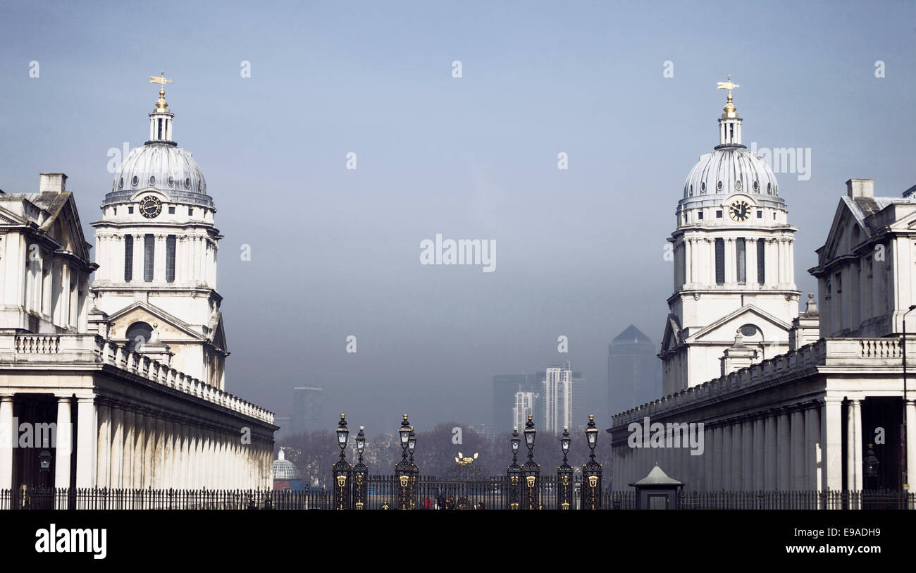 Eine neblige Szene von Greenwich, London, UK. Stockfoto