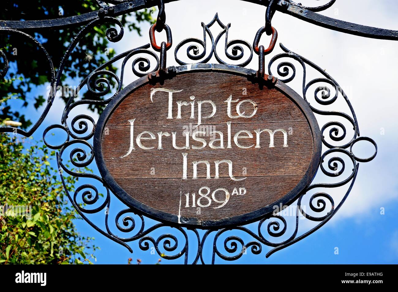 Ye Olde Reise nach Jerusalem Inn unterschreiben, angeblich die älteste trinken Einrichtung in England, Nottingham, England, Vereinigtes Königreich. Stockfoto