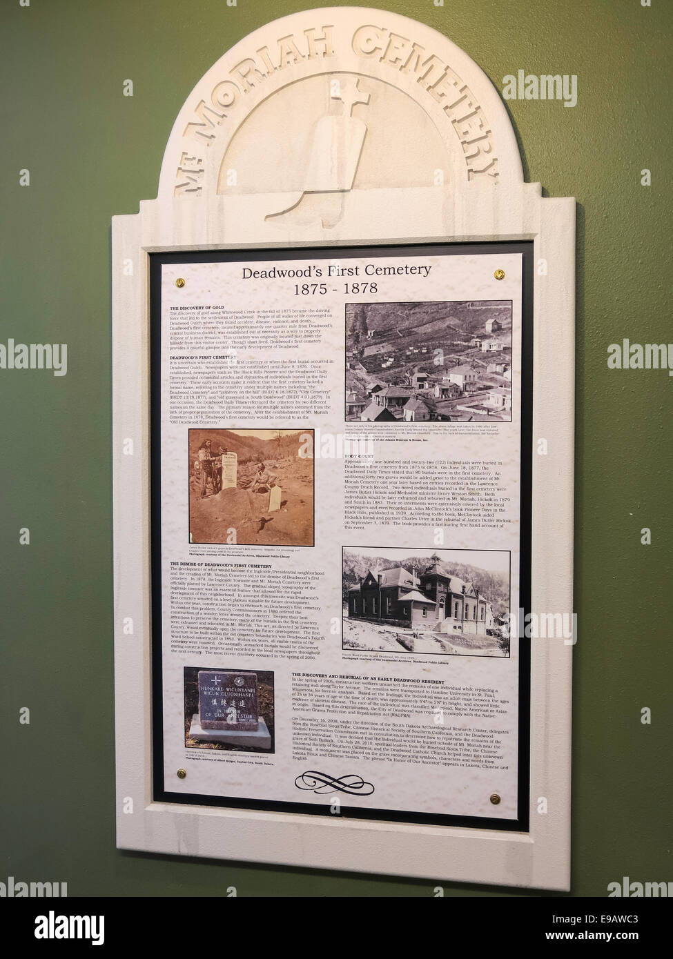 Gedenktafel in Mount Moriah Friedhof Museum und Geschenkeladen in Deadwood, South Dakota, USA Stockfoto