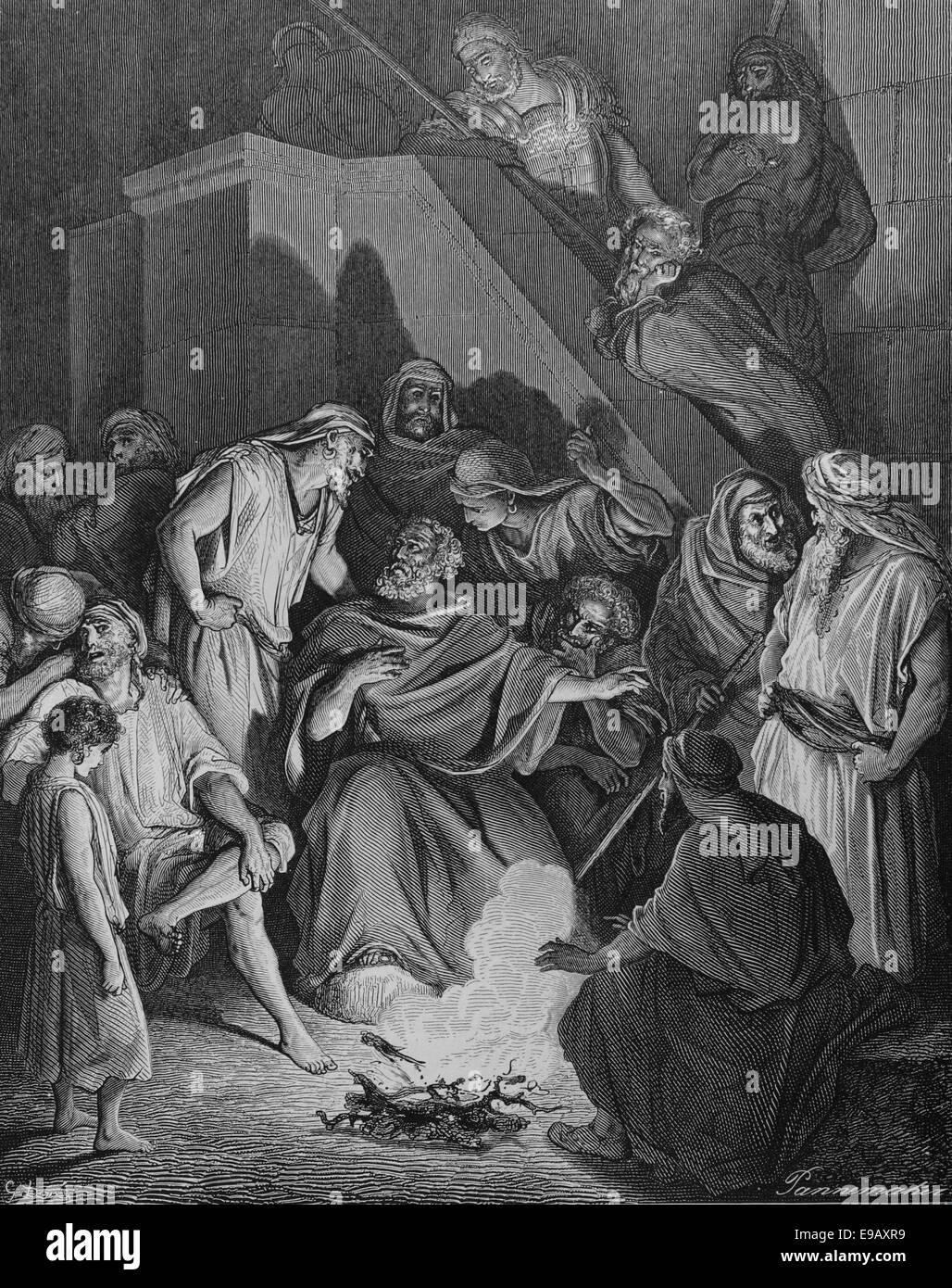Illustrierte Bibel. Neuen Testaments. St. Petrus Christus zu leugnen. Zeichnung von Gustave Dore (1832-1883). des 19. Jahrhunderts. Gravur. Stockfoto
