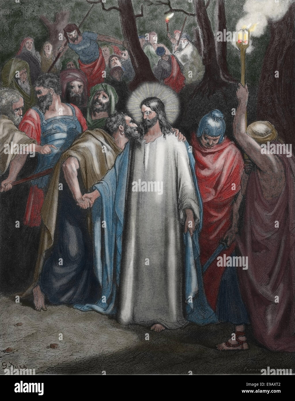 Illustrierte Bibel. Neuen Testaments. Evangelium nach Johannes. Der Judas-Kuss. Zeichnung von Gustave Dore.19th Jahrhundert. Farbe. Stockfoto Illustrierte Bibel. Neuen Testaments. Evangelium nach Johannes. Der Judas-Kuss. Zeichnung von Gustave Dore.19th Jahrhundert. Farbe. Stockfoto