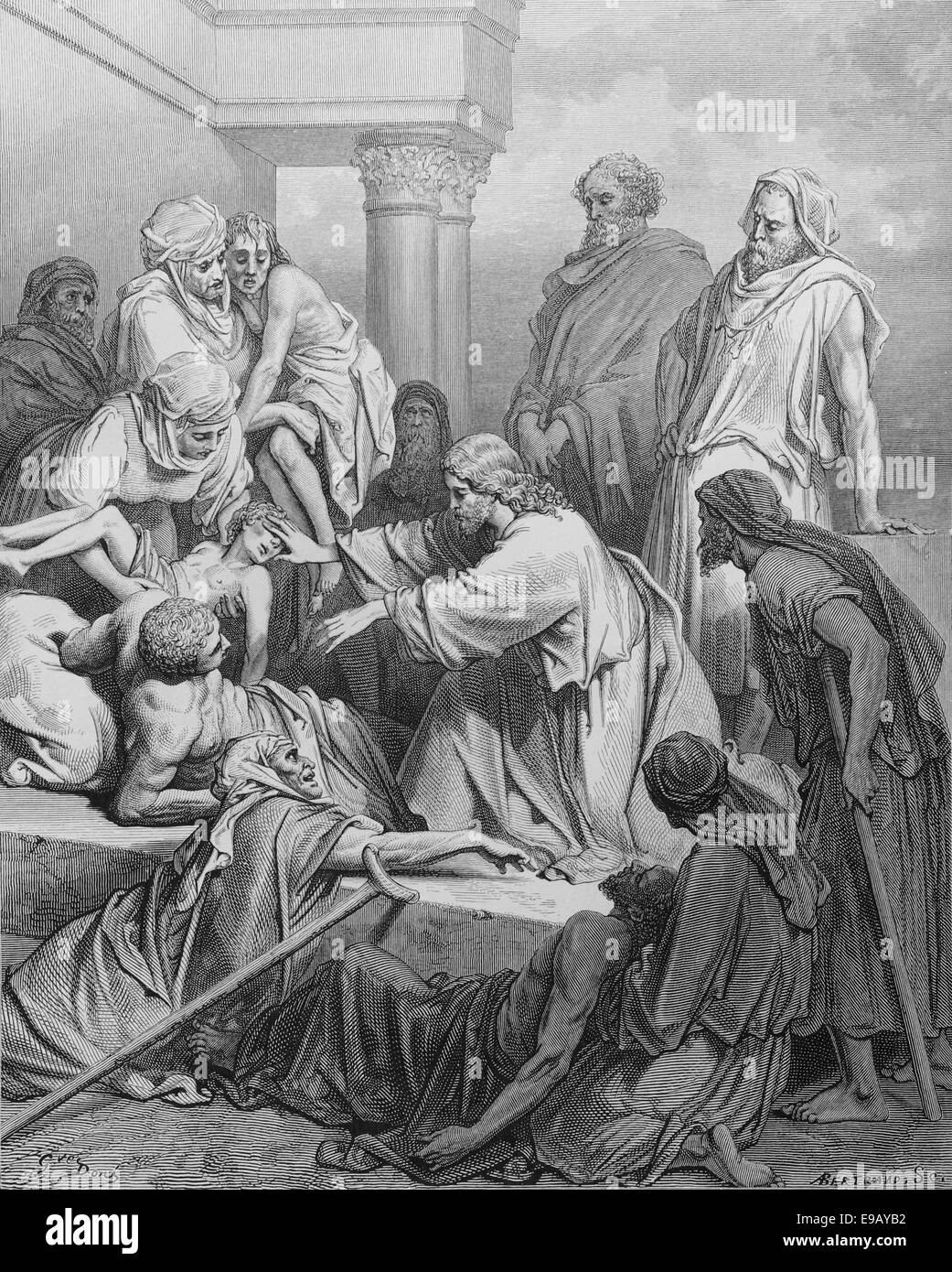 Illustrierte Bibel. Neuen Testaments. Jesus die Kranken zu heilen. Zeichnung von Gustave Dore (1832-1883). des 19. Jahrhunderts. Stockfoto
