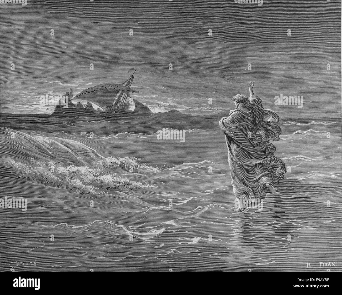 Illustrierte Bibel. Neuen Testaments. Jesus zu Fuß auf das Meer. Zeichnung von Gustave Dore und Gravieren von H. Pisaner. des 19. Jahrhunderts. Stockfoto