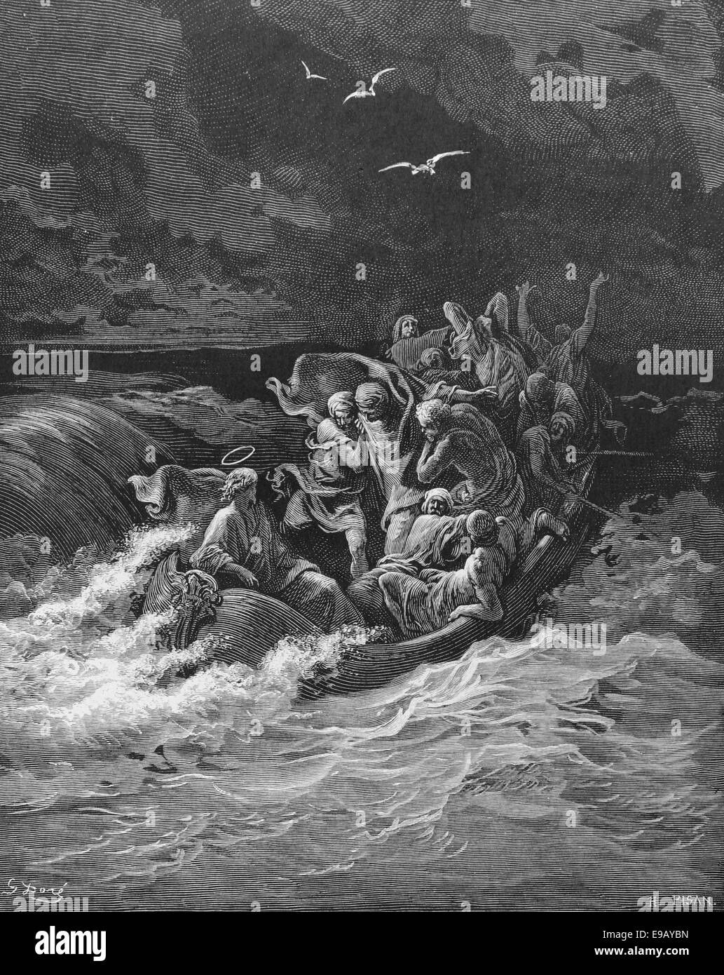 Illustrierte Bibel. Neuen Testaments. Tempest. Zeichnung von Gustave Dore. Stockfoto