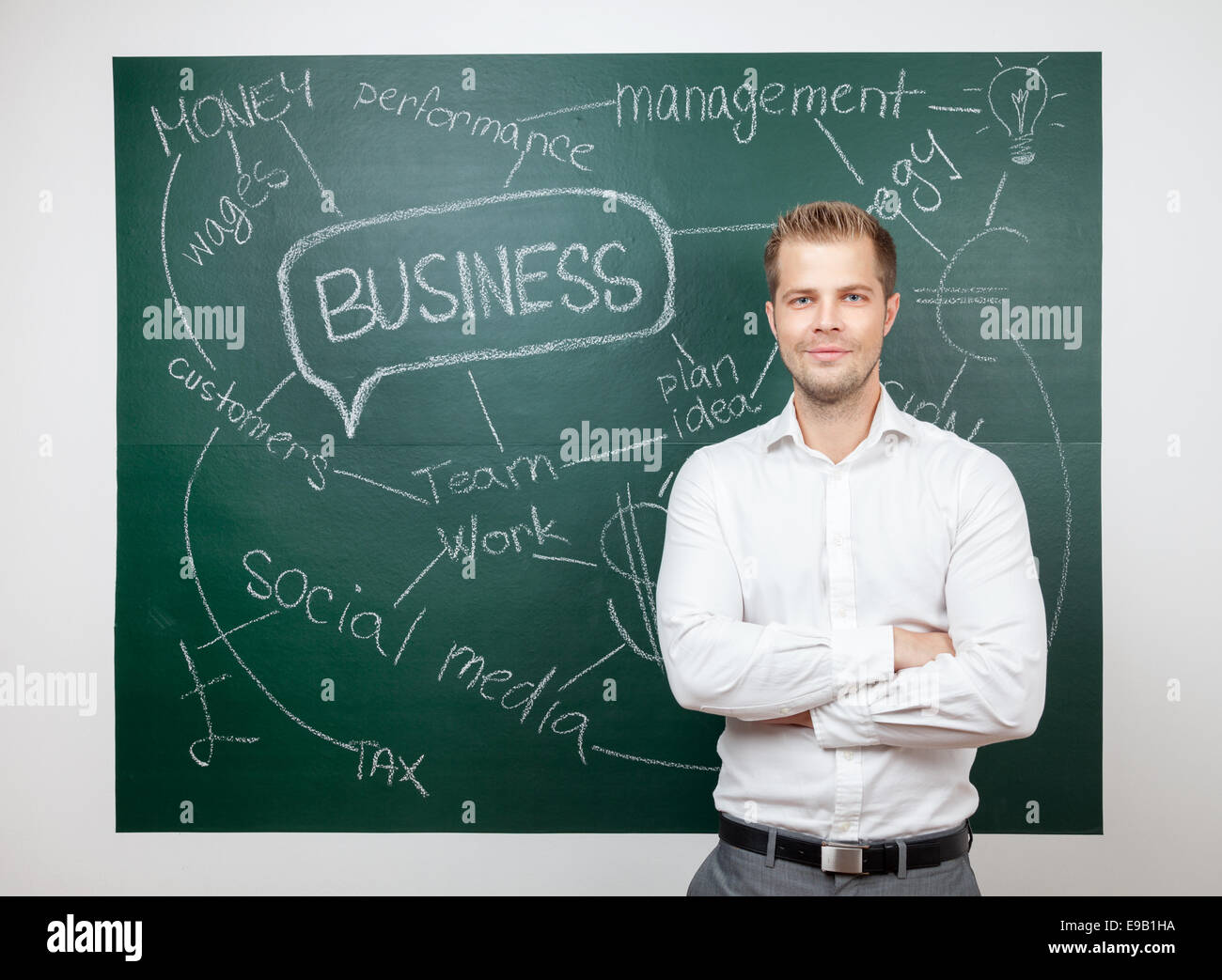 Junger Geschäftsmann stehen vor einer Tafel mit einem Businessplan Stockfoto
