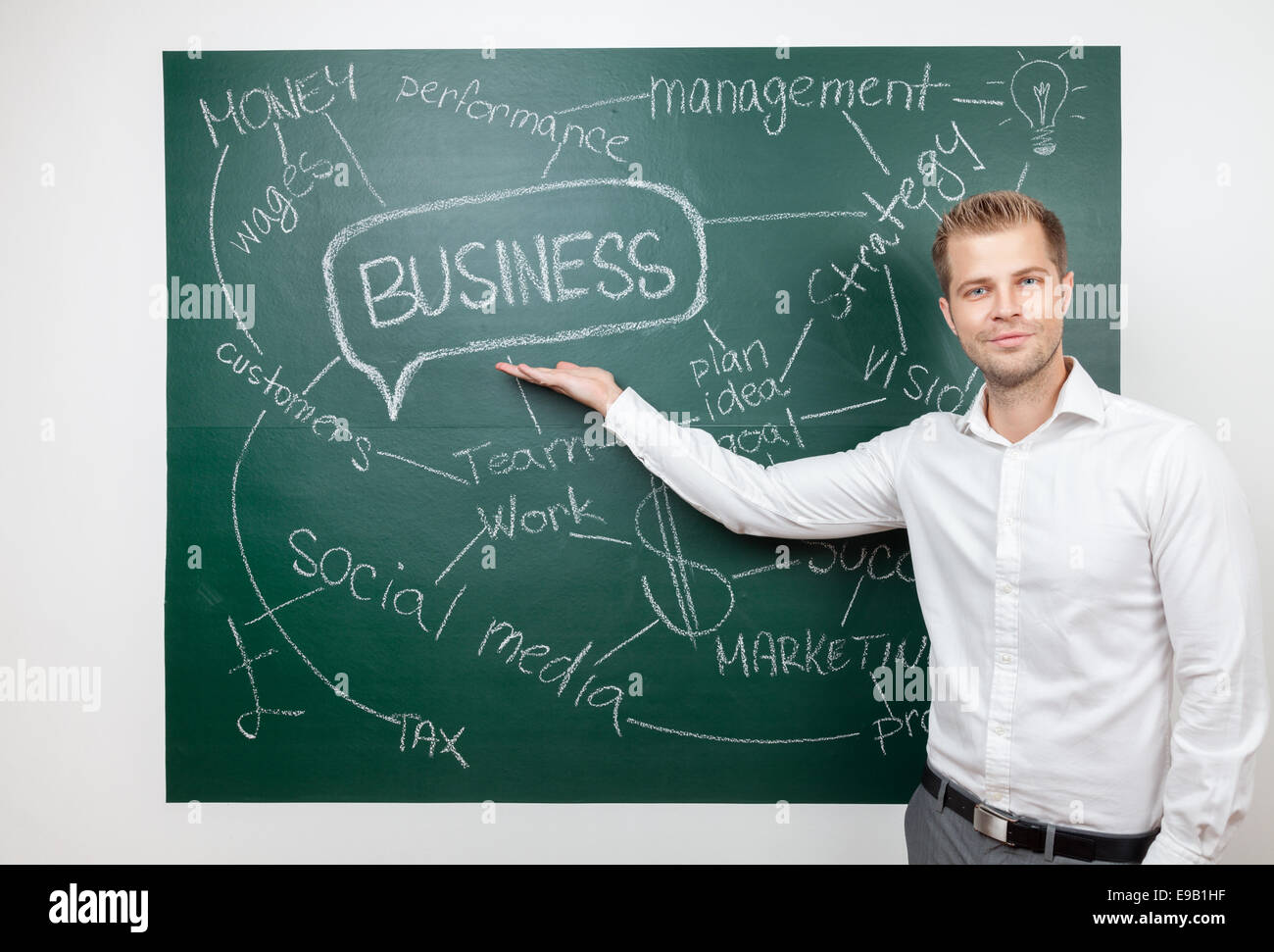 Junger Geschäftsmann stehen vor einer Tafel mit einem Businessplan Stockfoto