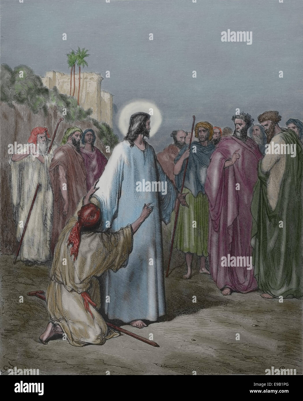 Illustrierte Bibel. Neuen Testaments. Jesus, Heilung des Mannes mit einem Teufel besessen. Zeichnung von Gustave Dore. Gravur. Farbe. Stockfoto