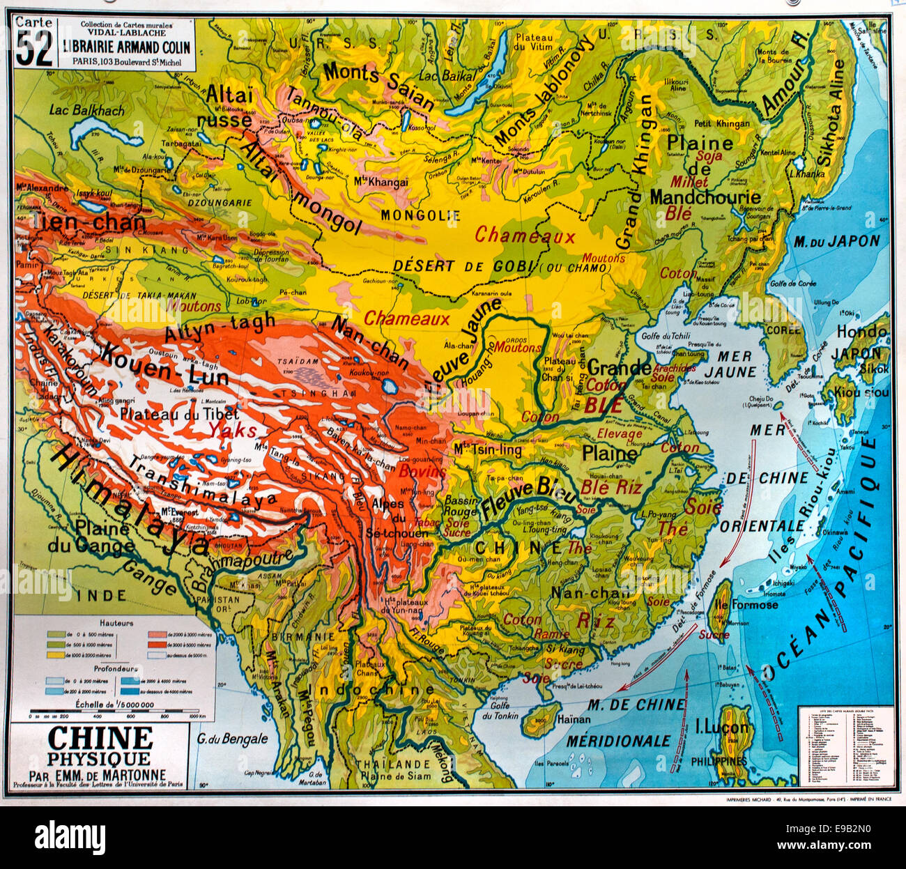 Alte Schule Welt Wandkarte China Himalaya französische Kartografie Stockfoto