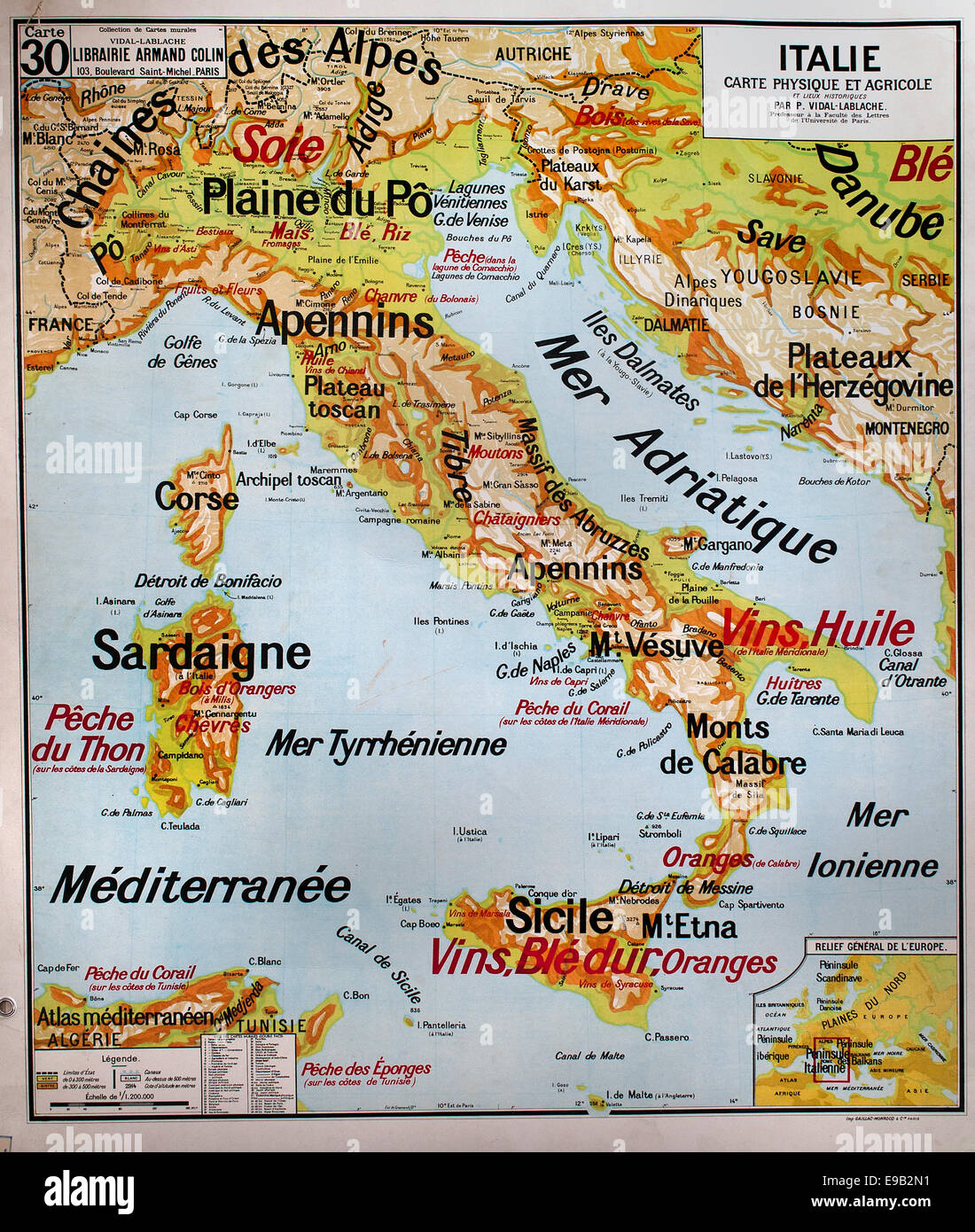 Alte Schule Welt Landkarte Italien Mittelmeer französische Kartografie Stockfoto
