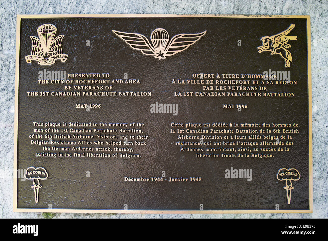 Detail der Gedenktafel für die 1. kanadische Fallschirm-Bataillon Stockfoto