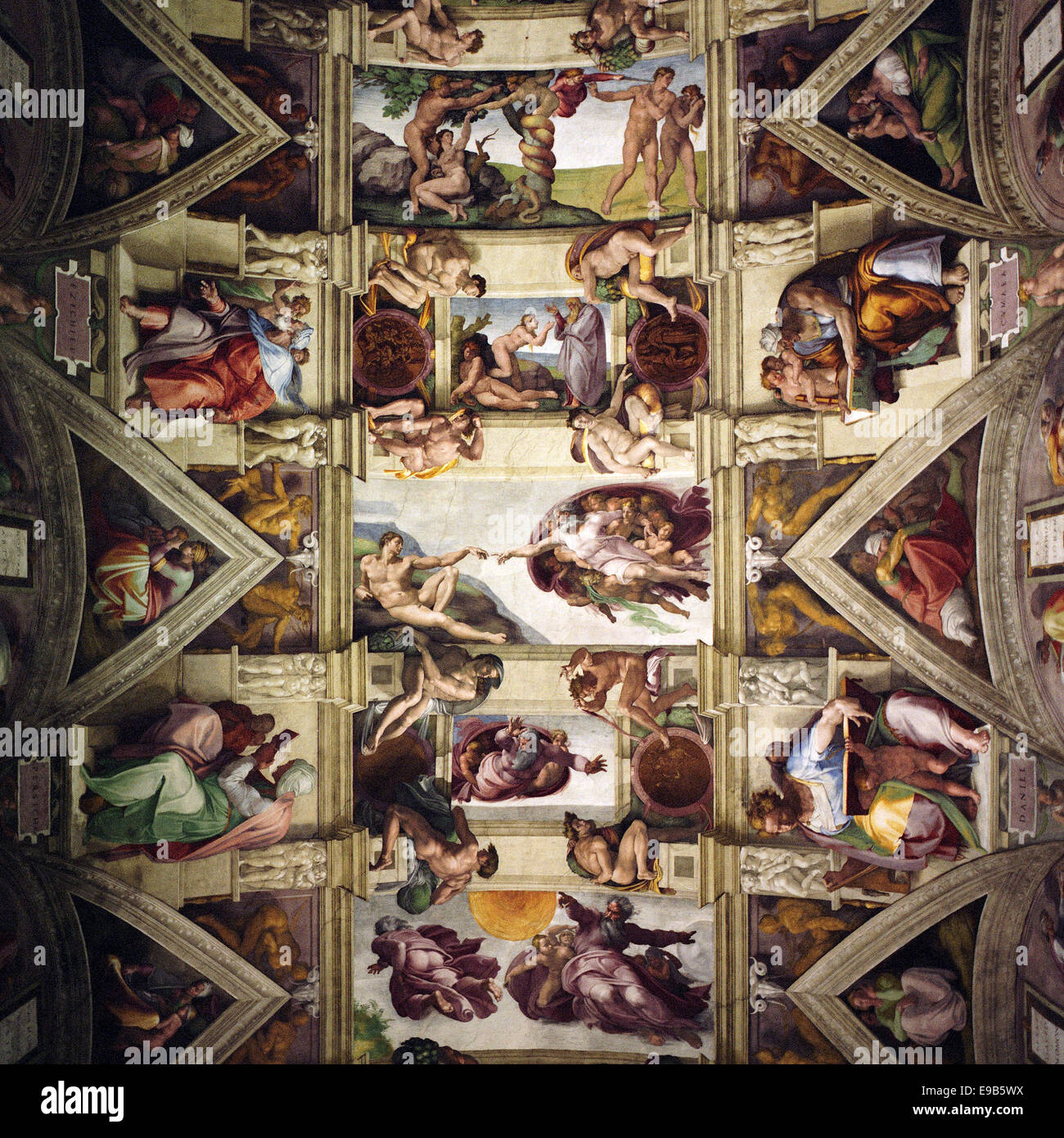 Rom. Italien. Decke der Sixtinischen Kapelle in den Vatikanischen Museen. Stockfoto