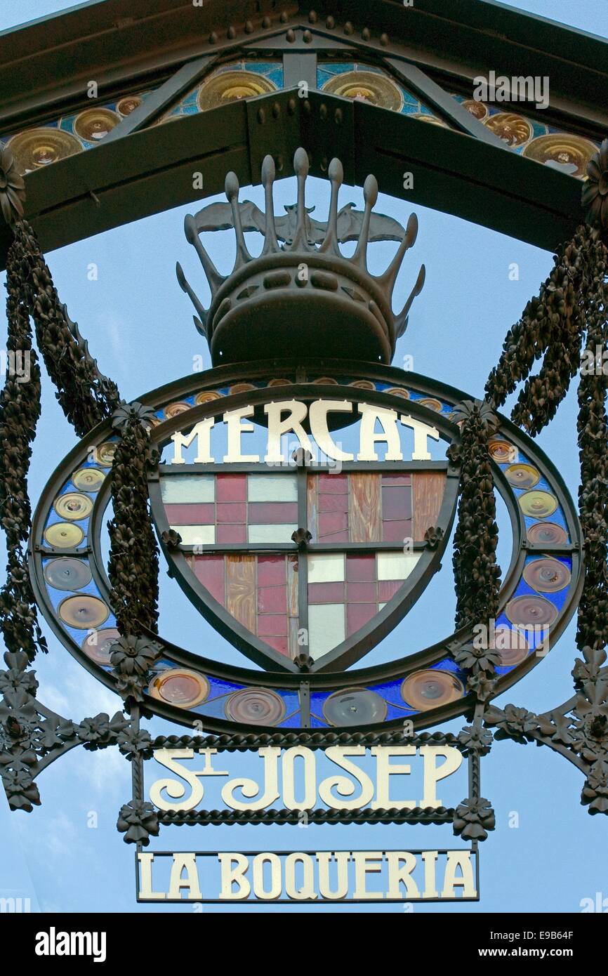 Zeichen des Mercat de Sant Josep De La Boqueria, Boqueria-Markt in Catalonien La Rambla, Barcelona, Spanien Stockfoto