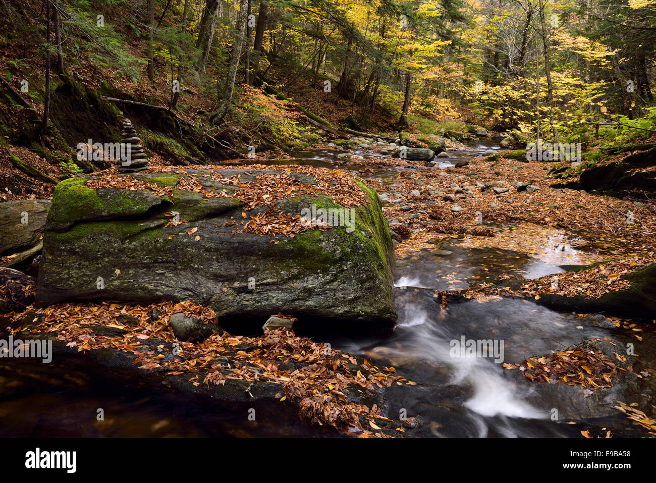 Gestapelte Felsen am Sterling Bach unter den Wasserfällen mit Felsbrocken und Herbstlaub mit Orange nördlich von Stowe Vermont USA verlässt Stockfoto