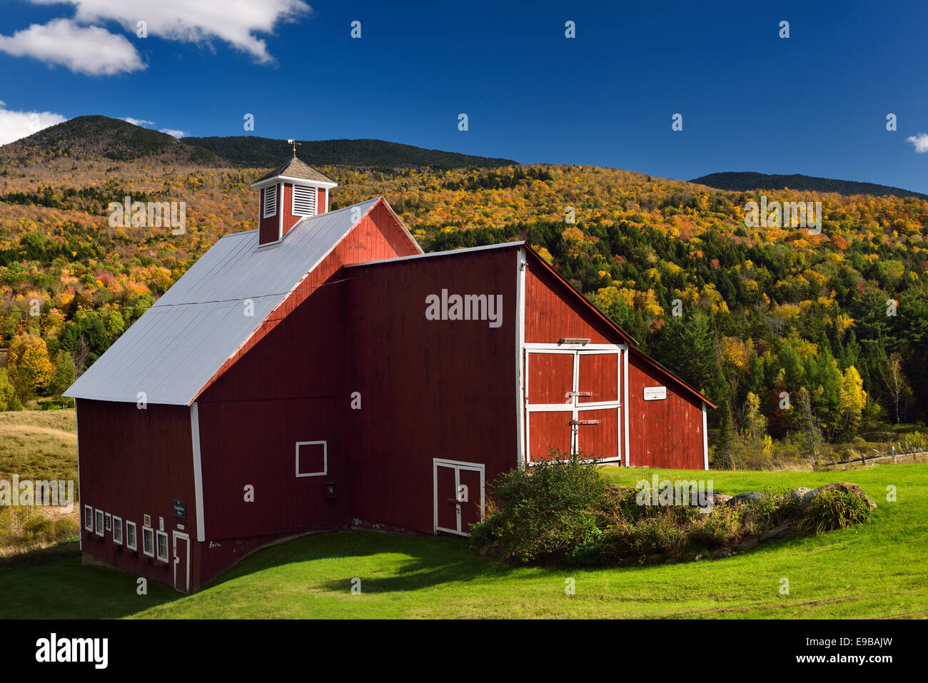 Rote Scheune von grandview Farm stowe Land Trust mit Herbstfarben bei Stowe Hollow Road Vermont usa Stockfoto