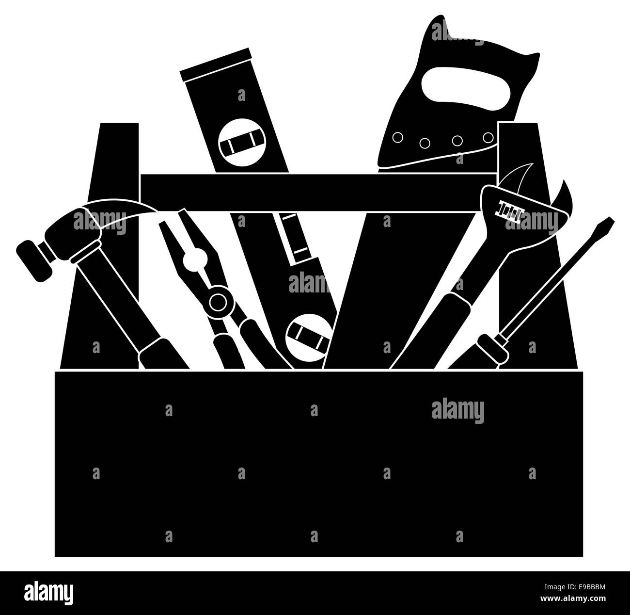 Bau Zimmerei Werkzeuge Hammer Ebene Schraubenschlüssel Zangen Holzsäge Schraube Treiber Toolbox in schwarz auf weißem Hintergrund Illu isoliert Stockfoto