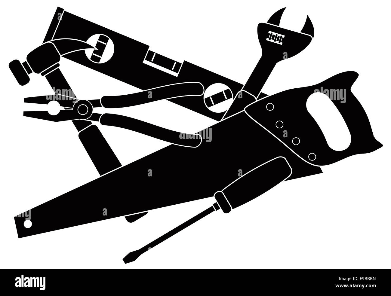 Bau Zimmerei Werkzeuge Hammer Ebene Schraubenschlüssel Zangen Holzsäge Schraubendreher in schwarz auf weißem Hintergrund Illustration isoliert Stockfoto