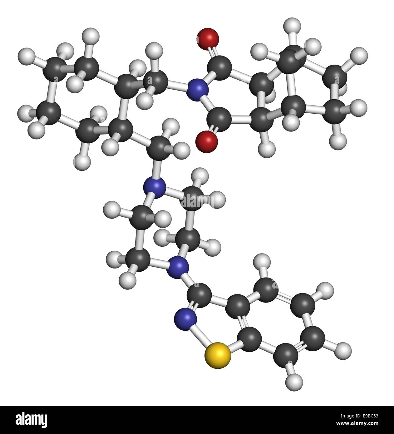 Lurasidon atypische Antipsychotika Wirkstoffmolekül. Atome sind als Kugeln mit konventionellen Farbcodierung vertreten: Wasserstoff (Pfingstmontag Stockfoto