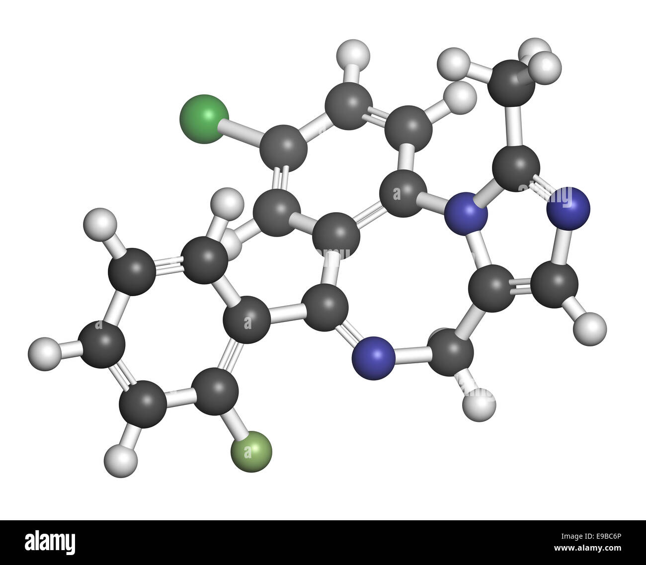 Midazolam Benzodiazepin Wirkstoffmolekül. Hat Beruhigungsmittel, angstlösende, amnestischen, hypnotische, krampflösende Eigenschaften etc.. Atome sind Stockfoto