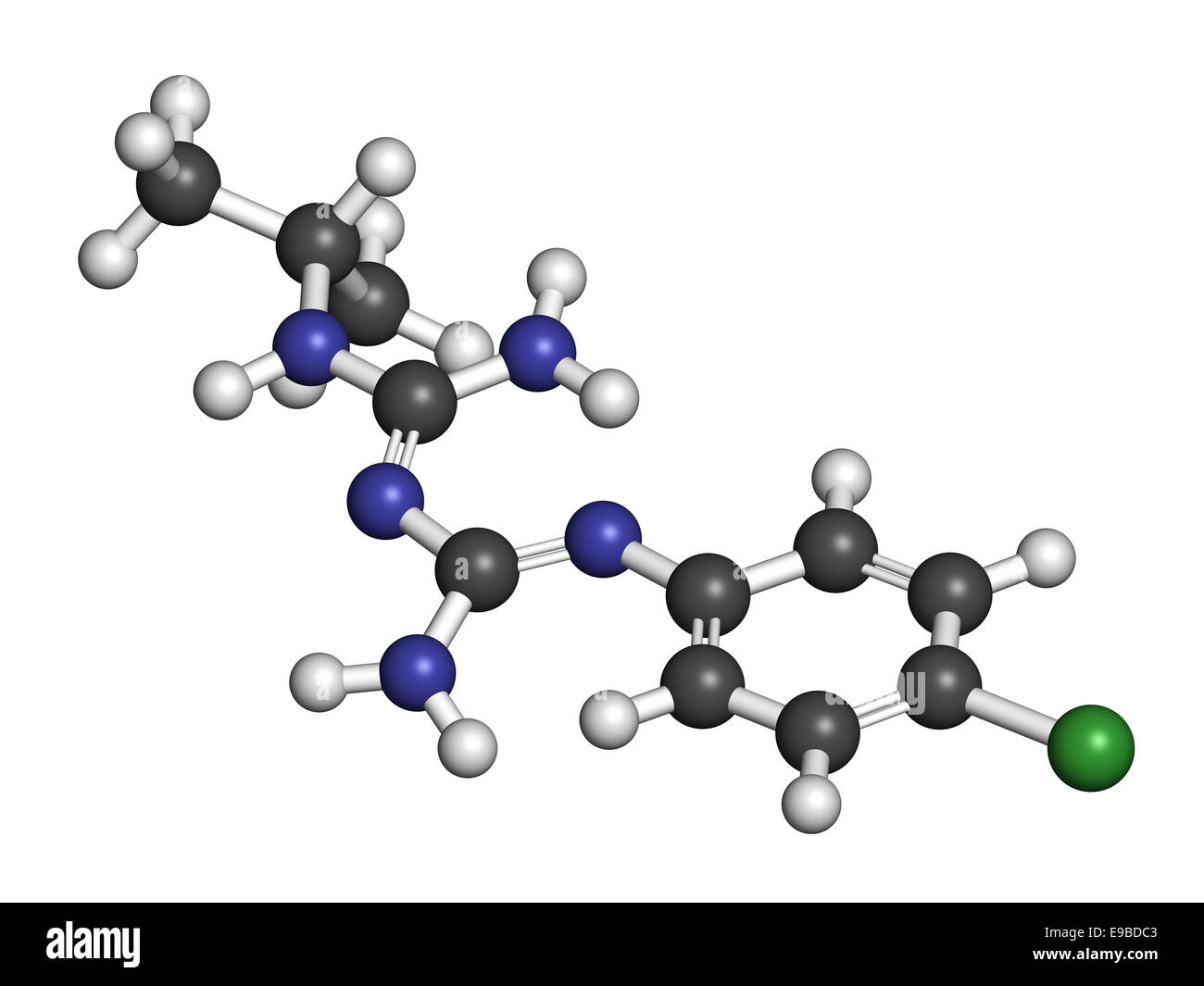 Proguanil prophylaktische Malaria Medikamentenmolekül. Atome sind als Kugeln mit konventionellen Farbcodierung vertreten: Wasserstoff (weiß), Stockfoto