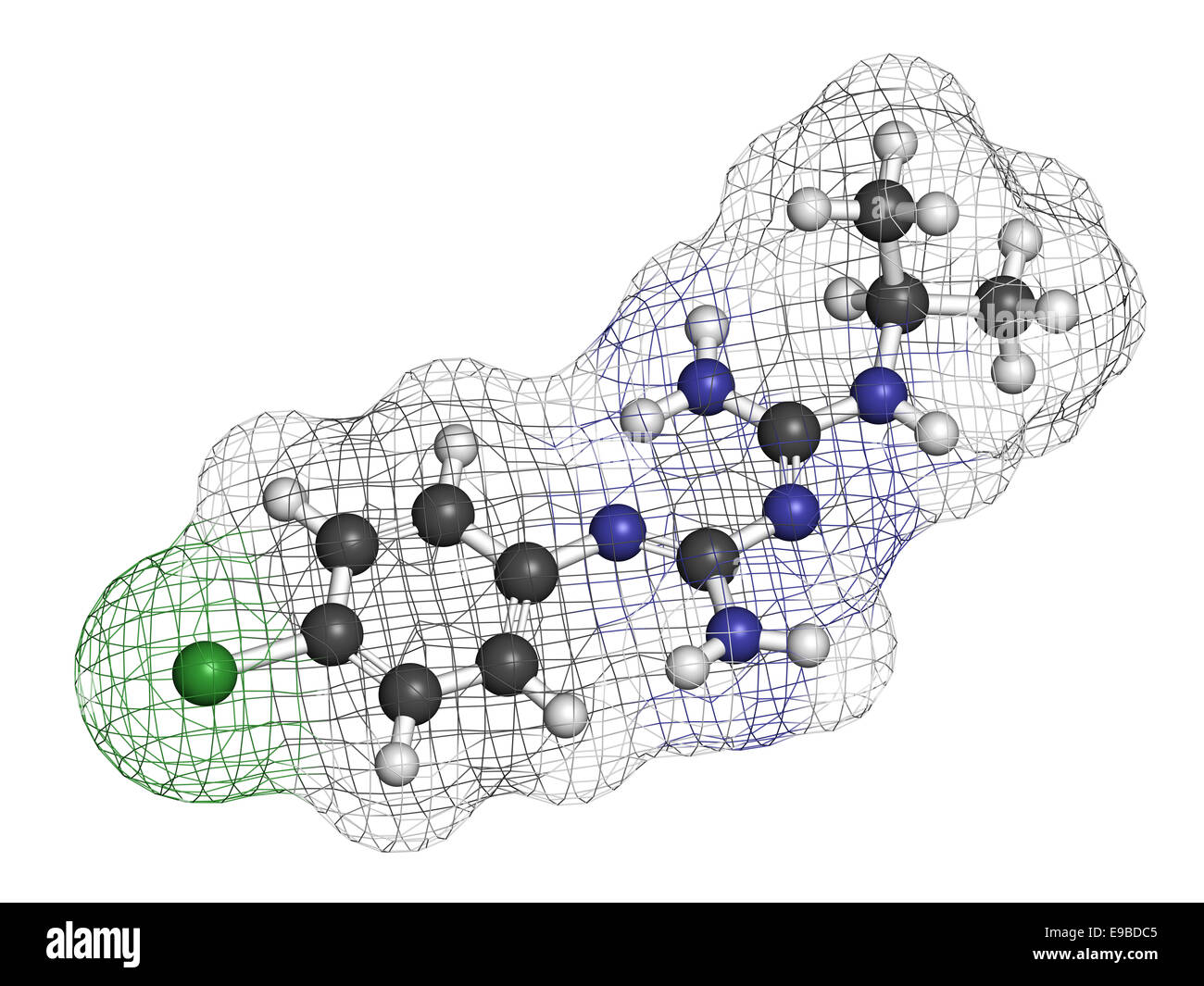 Proguanil prophylaktische Malaria Medikamentenmolekül. Atome sind als Kugeln mit konventionellen Farbcodierung vertreten: Wasserstoff (weiß), Stockfoto