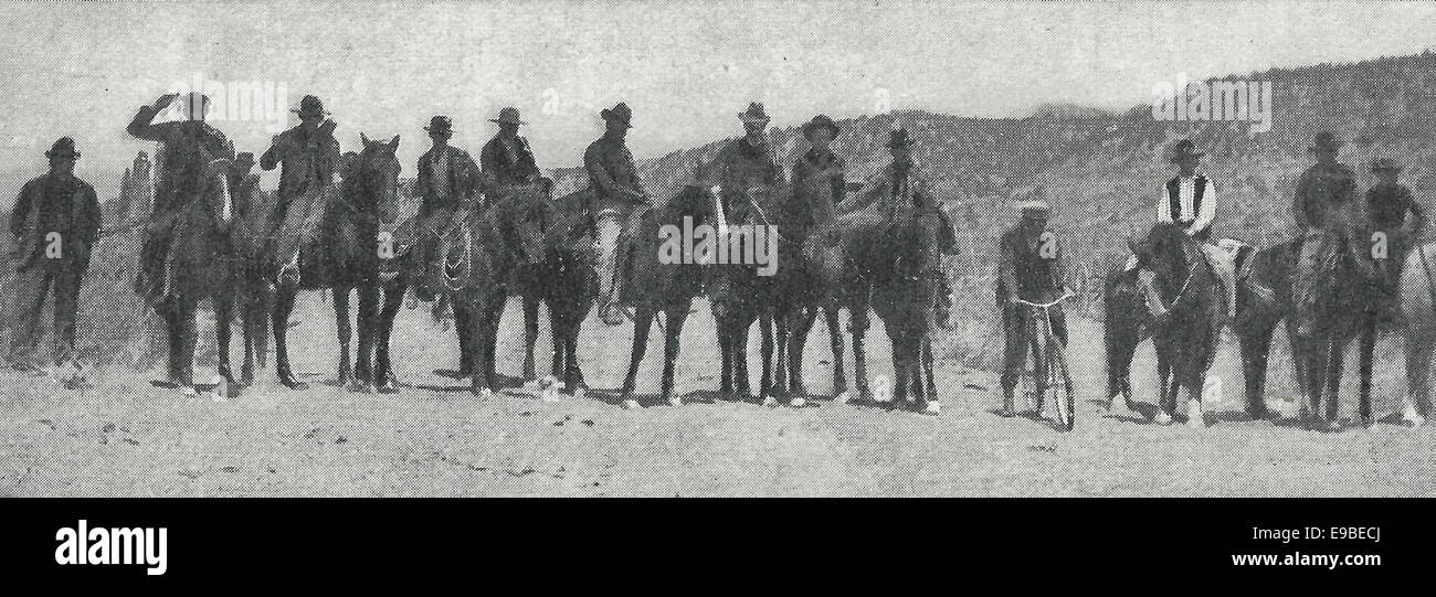 Vier Minuten vor dem Start - Eröffnung der Ute-Reservierung im südlichen Colorado Siedlung 1899 warten in der Schlange Stockfoto