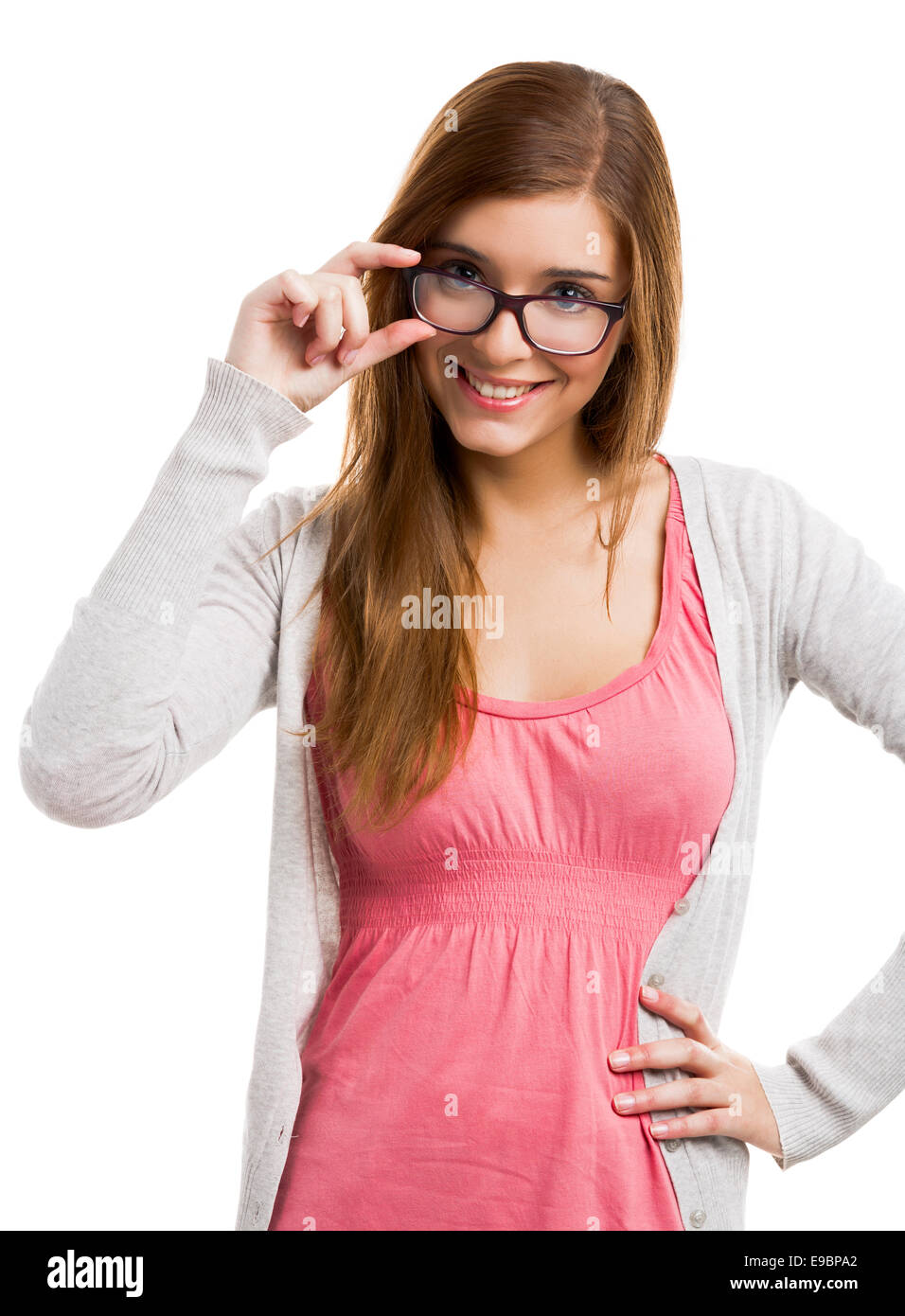 Schöne und attraktive blonde Frau mit Brille, isoliert auf weißem Hintergrund Stockfoto