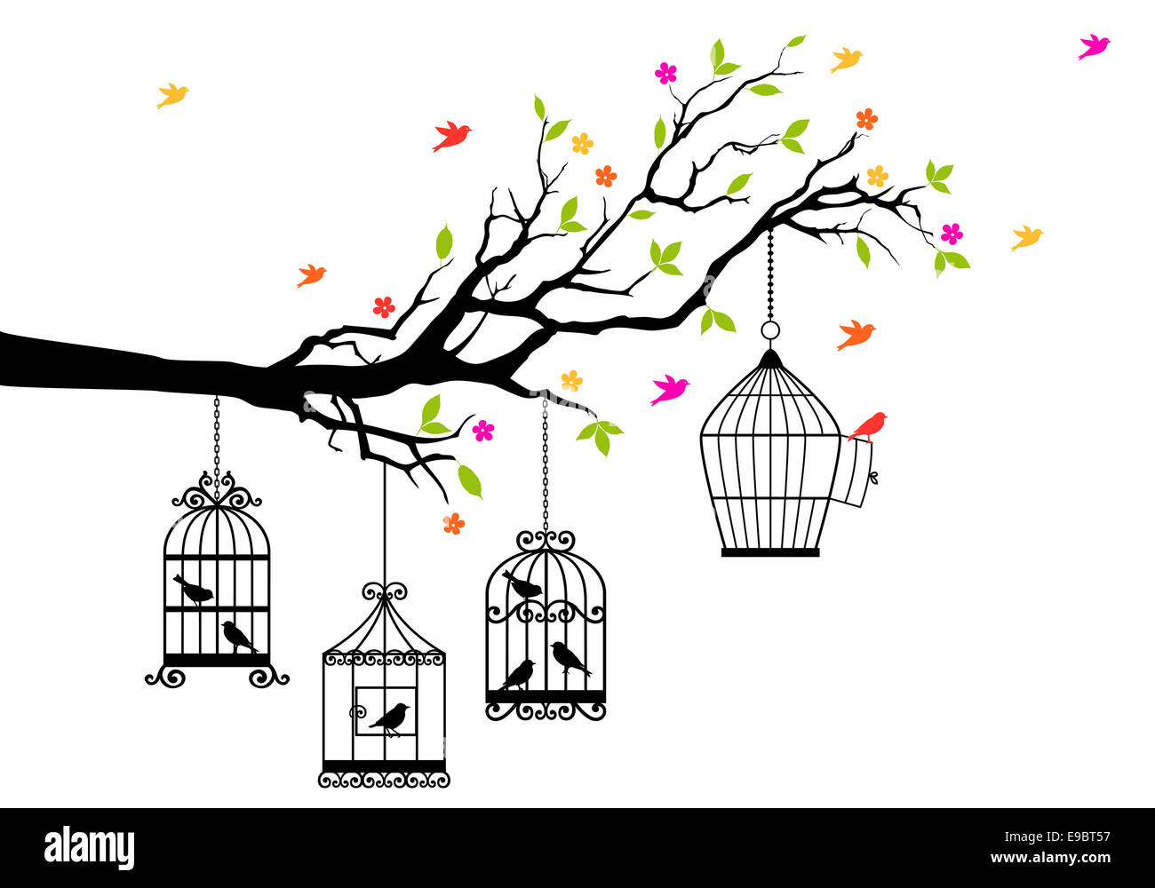 Freiheit, Ast mit Vögel und offenen Vogelkäfig, Vektor-illustration Stockfoto