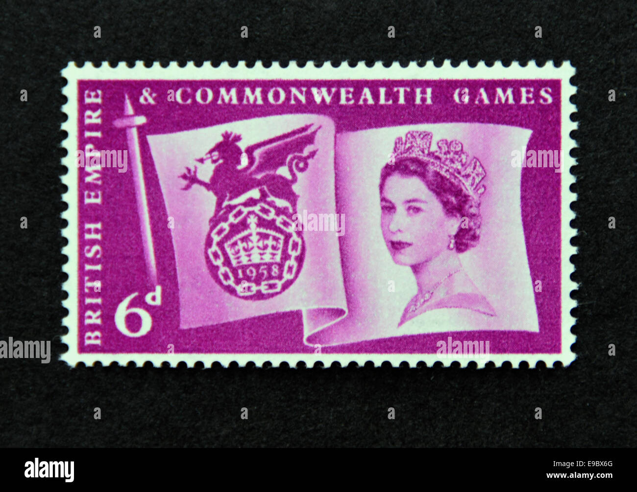 Briefmarke. Great Britain. Königin Elizabeth II.  VIth.British Empire & Commonwealth Games. 1958. Stockfoto