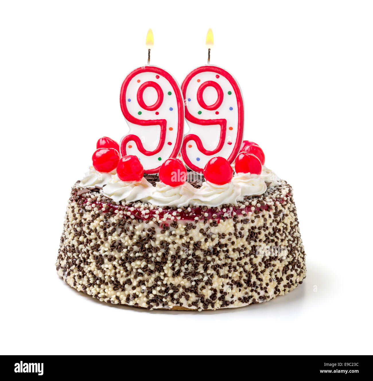 Geburtstagstorte mit brennenden Kerze Nummer 99 Stockfoto