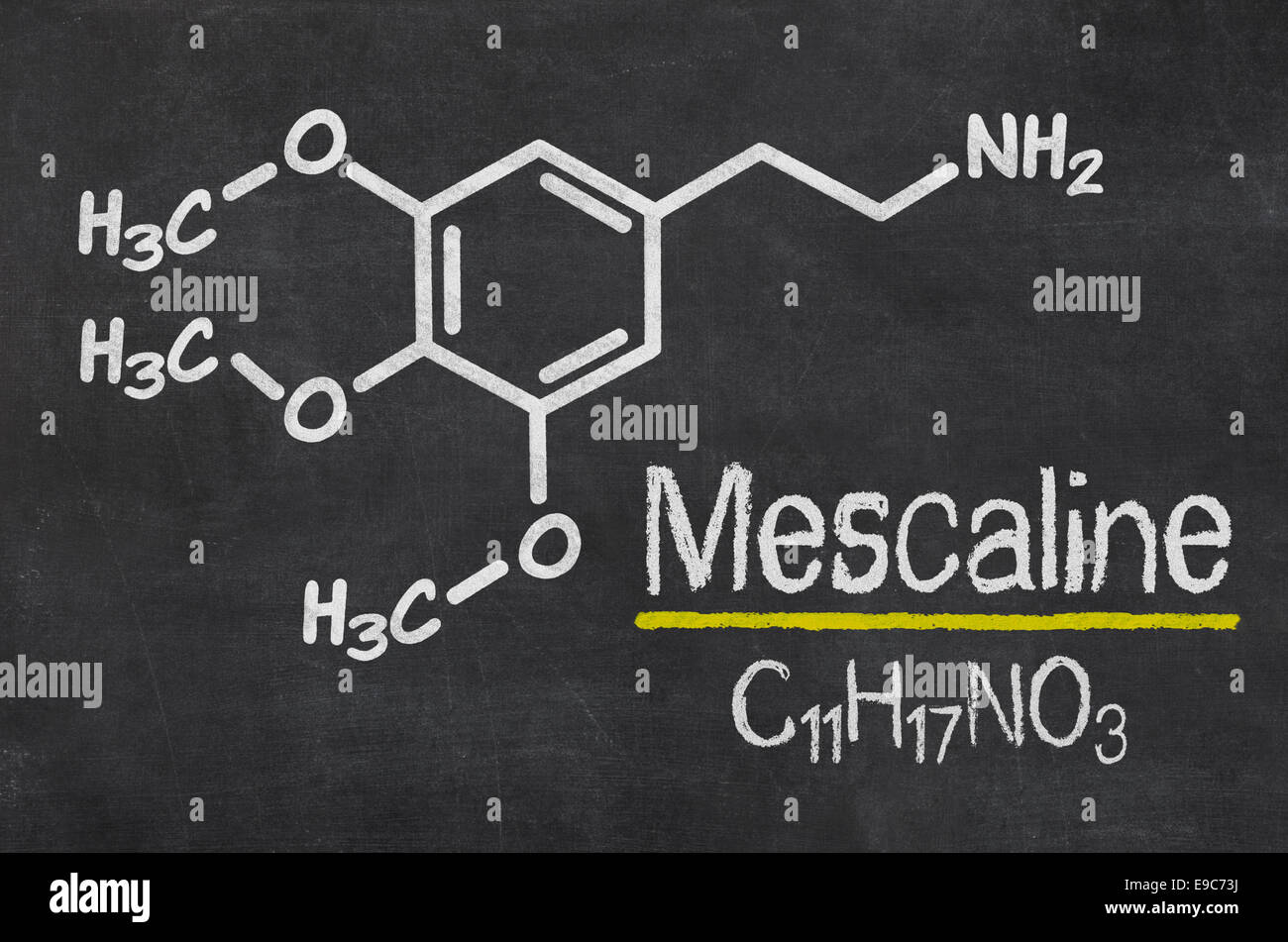 Tafel mit der chemischen Formel von Meskalin Stockfoto