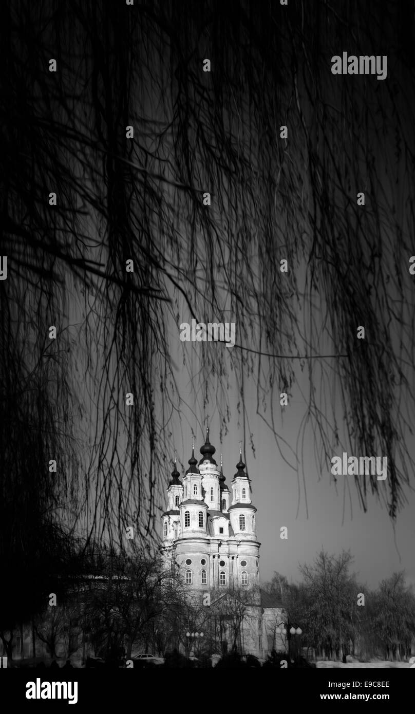 Schwarz / weiß Foto der schönen orthodoxen Kirche mit fünf Kuppeln durch Äste eines Baumes. Winter-Natur. Kaluga, Russland. Stockfoto