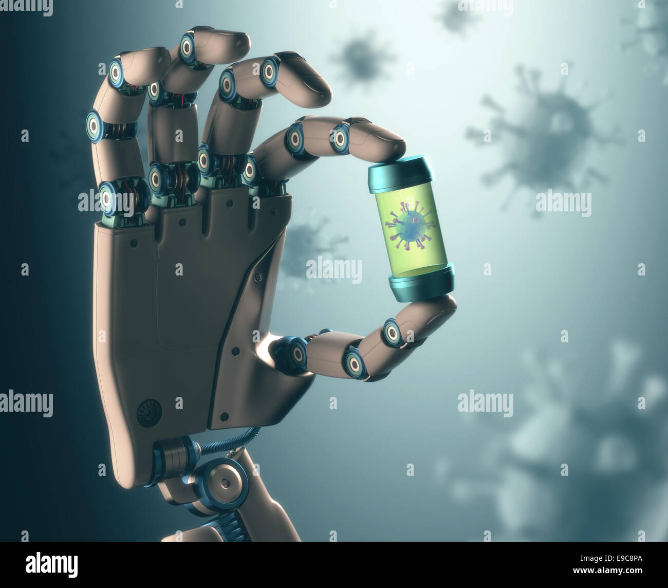 Roboterhand Manipulation Virus. Konzept der Technologie bei der Bekämpfung von Infektionskrankheiten. Clipping-Pfad enthalten. Stockfoto