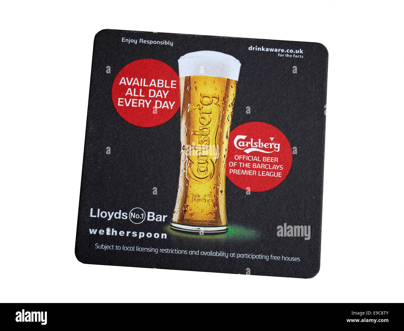 Carlsberg-Bierdeckel mit Lloyds Bar und Gasthaus Anzeige UK Stockfoto