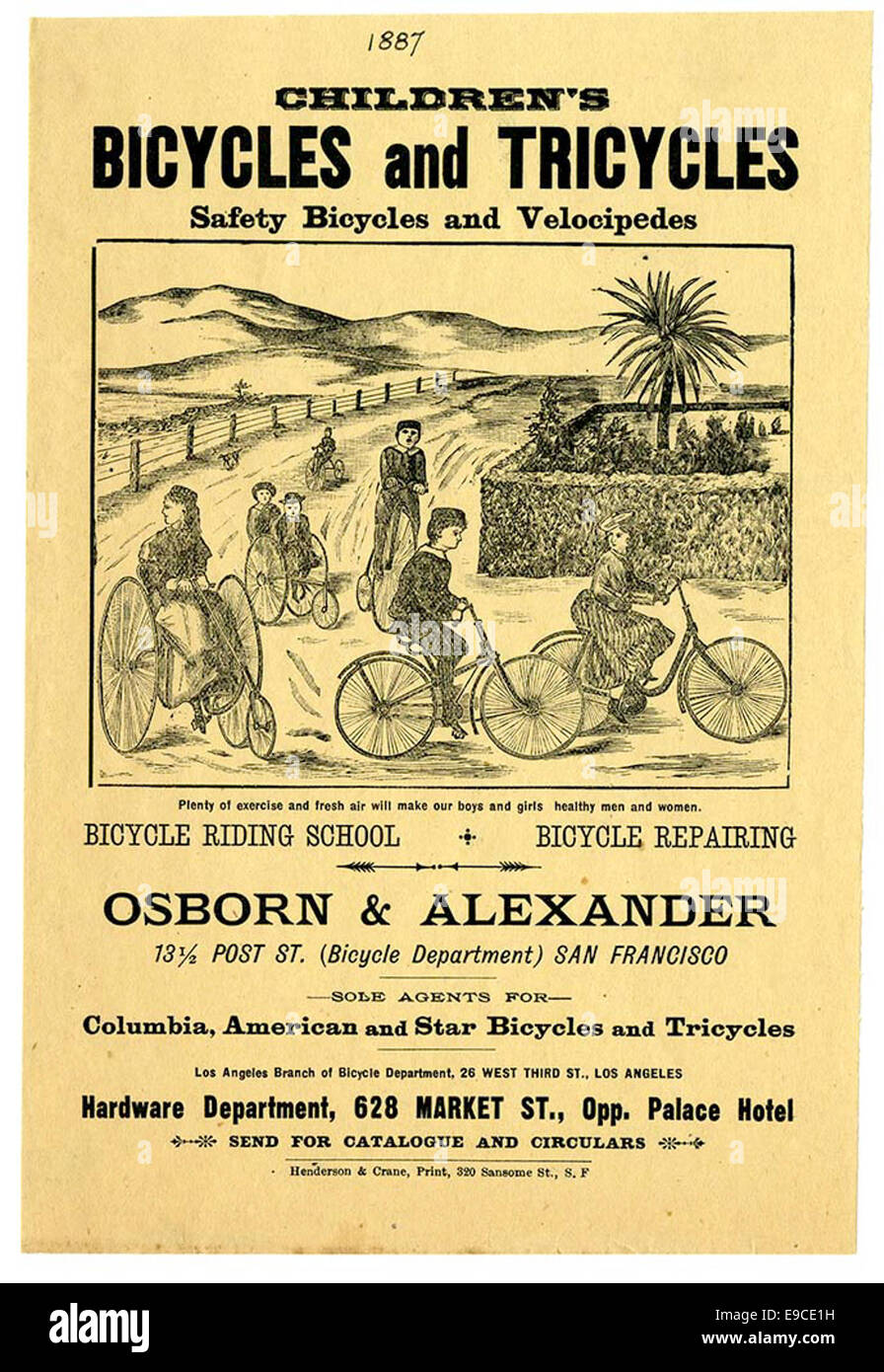Eine Vintage-Werbung von Osborn und Alexander in San Francisco, in der Kinderfahrräder und Dreiräder geworben werden. Dieser Werbespot spiegelt den Markt für Freizeitartikel für Kinder aus dem frühen 20. Jahrhundert wider. Stockfoto