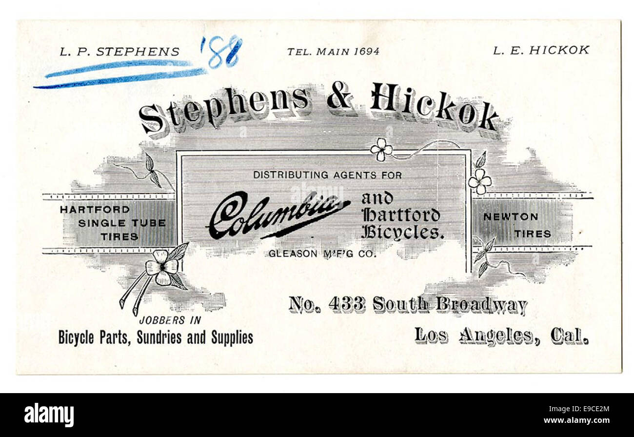 Eine Werbung für Stephens & Hickok, die Agenten für Columbia und Hartford Bicycles in Los Angeles vertreibt. Die Anzeige zeigt die Fahrräder und fördert deren Verfügbarkeit für die Öffentlichkeit. Stockfoto