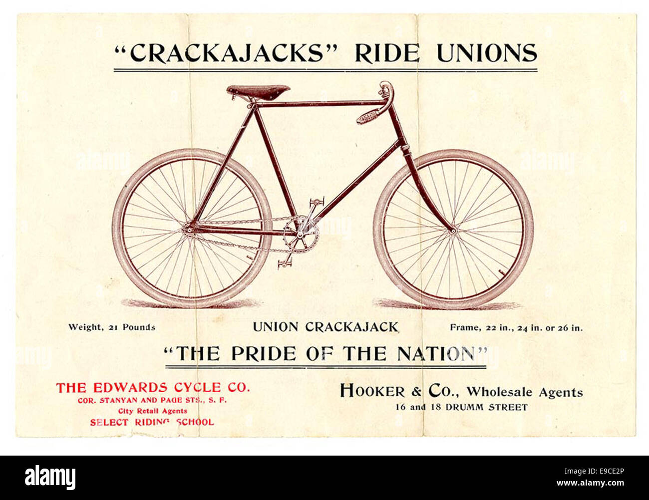 Diese Vintage-Werbung zeigt Union Crackajack Bicycle und hebt das Design und die Merkmale hervor. Der Werbespot richtet sich wahrscheinlich an Radsportbegeisterte des frühen 20. Jahrhunderts und fördert die Popularität der Marke während dieser Zeit. Stockfoto