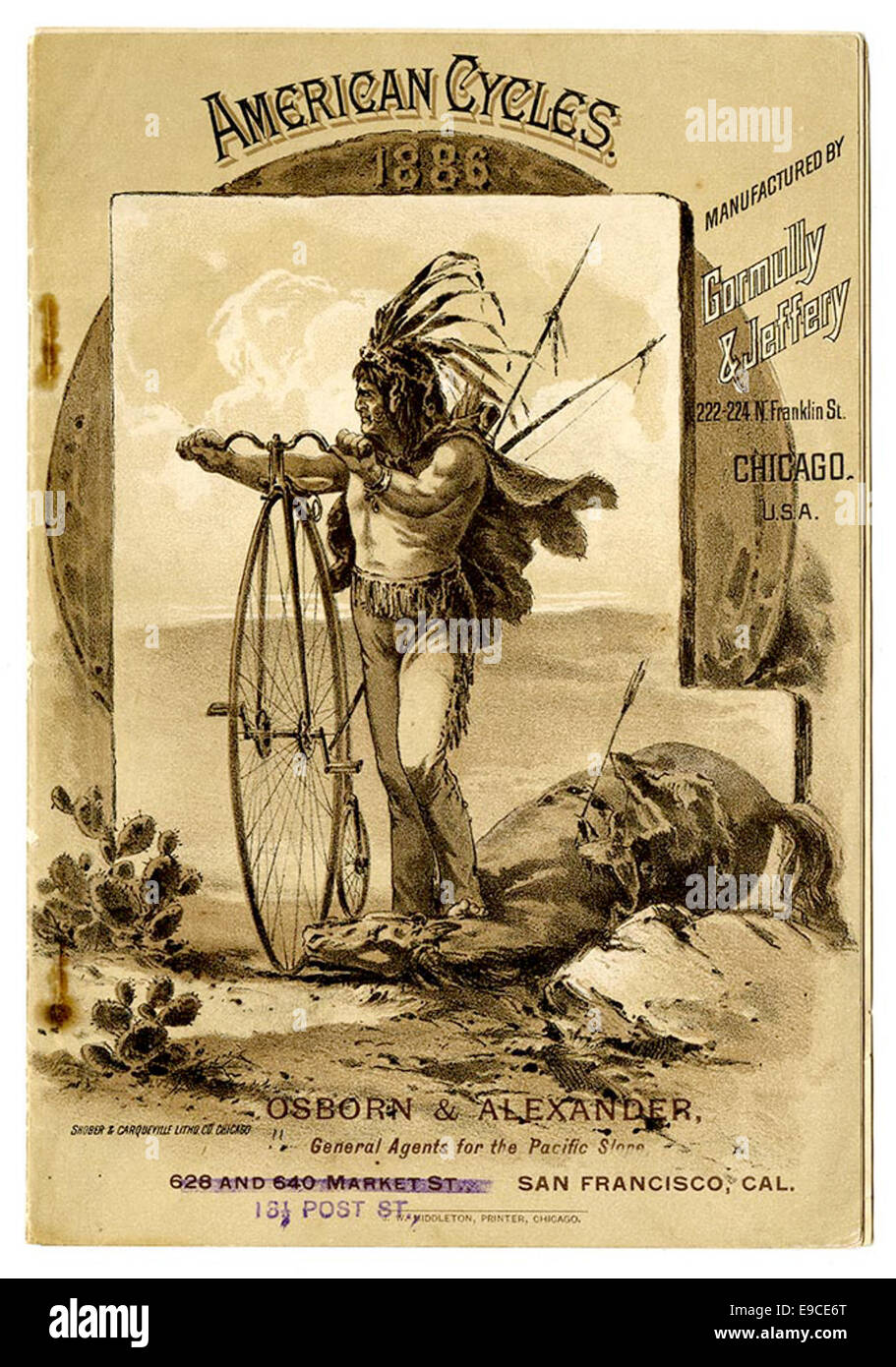 Das Cover eines kommerziellen Katalogs für Gormully und Jeffery, mit einem Penny-Farthing-Fahrrad. Dieser Vintage-Katalog spiegelt die Anfänge der Fahrradherstellung im späten 19. Jahrhundert wider und zeigt eines der legendären Fahrräder dieser Zeit. Stockfoto